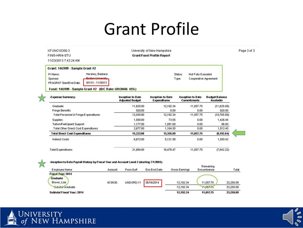 The grant profile tab, or tab 3, provides a summary of budget and actual expenses by expense type and a summary of open commitments for supplies, services, and personnel.