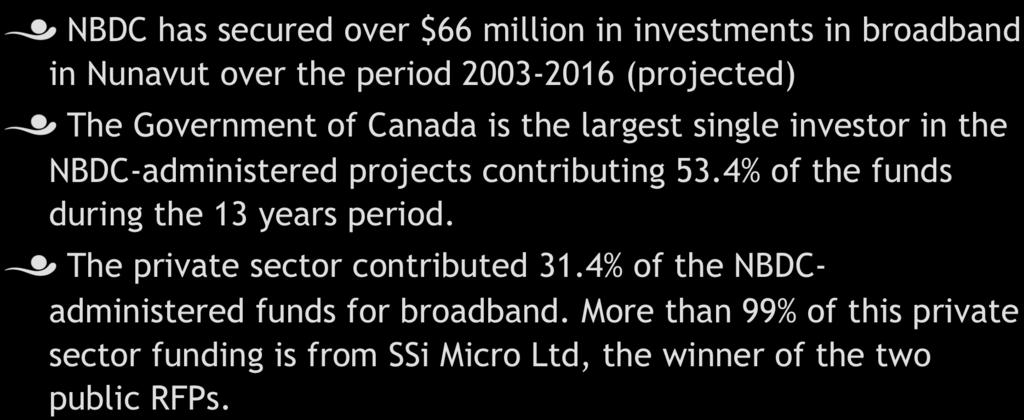 Total Investments! NBDC has secured over $66 million in investments in broadband in Nunavut over the period 2003-2016 (projected)!