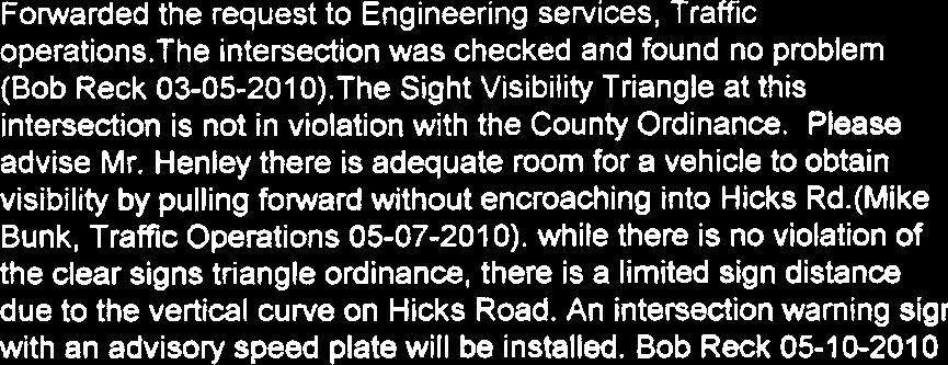 The Sight Visibility Triangle at this intersection is not in violation with the County Ordinance. Please advise Mr.