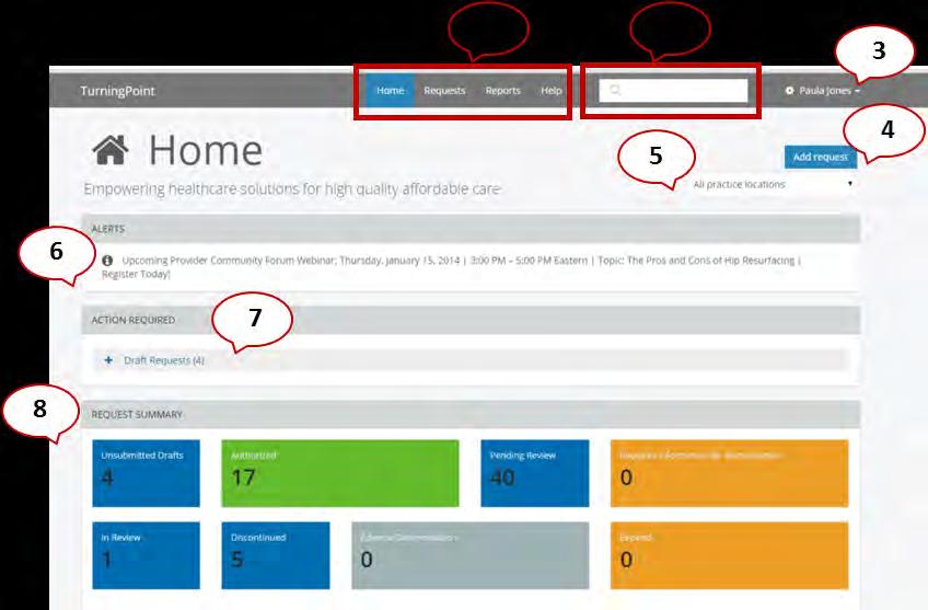 STEP 2-HOME PAGE & HOW TO SUBMIT A REQUEST FOR PRE-AUTHORIZATION 1. Menu Navigation Bar To help you navigate to the different functional pages within the provider portal 2.