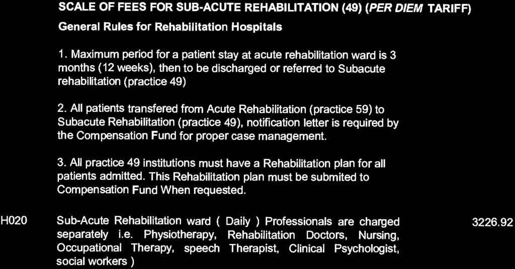 14 No. 42112 GOVERNMENT GAZETTE, 14 DECEMBER 2018 SCALE OF FEES FOR SUB -ACUTE REHABILITATION (49) (PER DIEM TARIFF) General Rules for Rehabilitation Hospitals 1.
