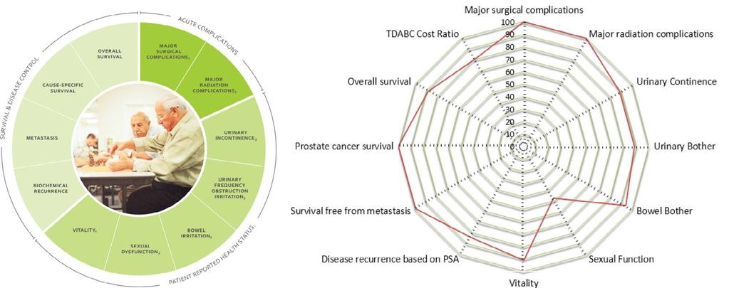 A good tool to view performance against multiple outcomes measures is a radar chart (also called a spider chart), shown below.