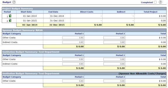 2.7 Completing the Summary Budget Tab Enter direct and indirect costs for total project: Sponsor Budget Summary Institution Budget Summary: College of.