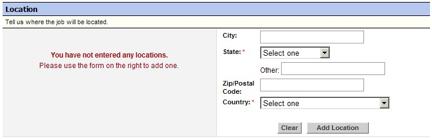 The next section is Location. This is where you specify the city, state, ZIP code and country of the position you are posting.