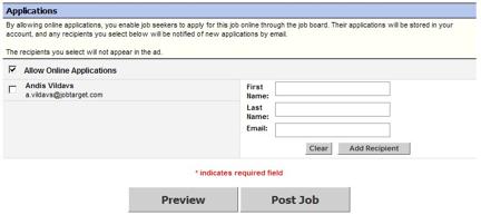 The final section to complete before posting your job is the Applications section. Here, you specify whether or not you want to allow online applications.