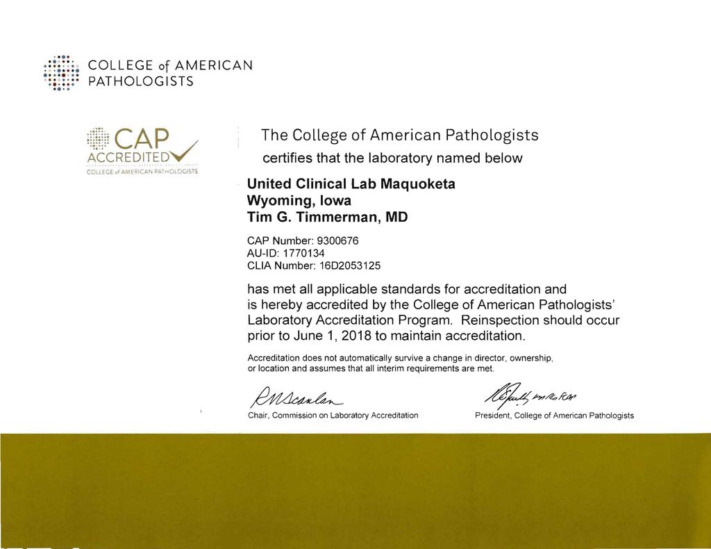 ...................... PATHOLOGISTS COLLEGE of AMERICAN :!:... ~ : ~. C ~:::; : :: A p~.~.: : ' ACCREDITED COllEGE of AME~ICAN PA1,.
