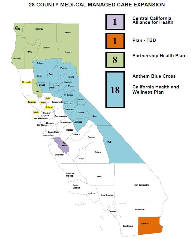 Statewide Expansion of Managed Medi Cal Three Models of Managed Medi Cal in California Geographic Managed Care (Sacramento, San Diego) Two Plan Model (LA, Central Valley, Bay Area and 20 new rural