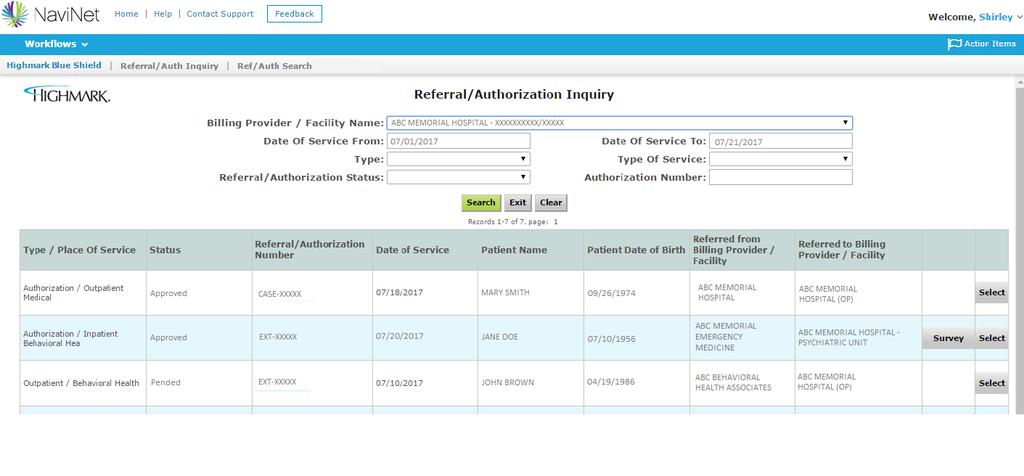SECTION 8: NAVINET REFERRAL/AUTH INQUIRY, Continued Referral/Auth Inquiry On the Referral/Authorization Inquiry screen, enter the necessary search criteria based on the search option you chose; and