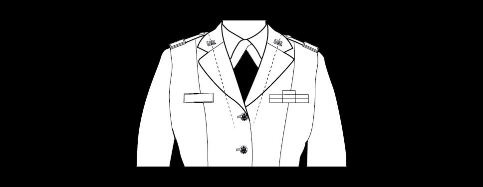 Figure 19 18. Wearing U.S. insignia, officer, female, (old version) Figure 19 19. Wearing U.S. insignia, officer, female (new version) b. Enlisted personnel. (1) Description. The enlisted U.S. insignia consists of the block letters U.