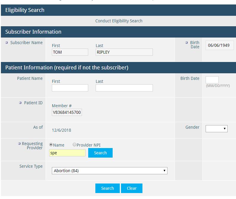 3. Search Requesting Provider using last name, first name format or by billing provider NPI; then select Search The patient name searched for pre-populates in the subscriber name