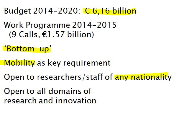 Introduction: Marie Skłodowska-Curie Actions (MSCA) General features: Budget 2014-2020: 6,16 billion Work Programme 2014-2015 (9 Calls, 1.