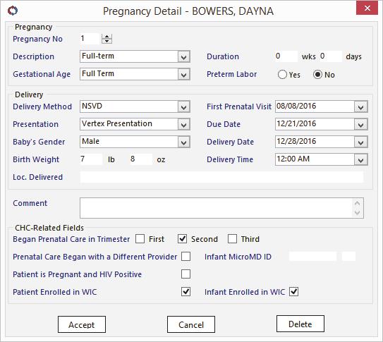 the Dates of Service field on the report options window. Prenatal information entered in MicroMD PM syncs automatically with the prenatal information in the EMR (and vice versa).