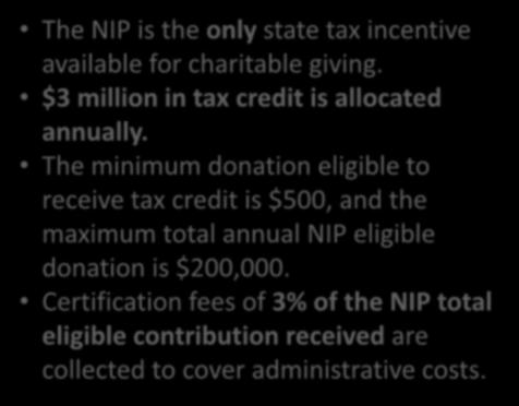 Tax Credit Overview The NIP is the only state tax incentive available for charitable giving. $3 million in tax credit is allocated annually.
