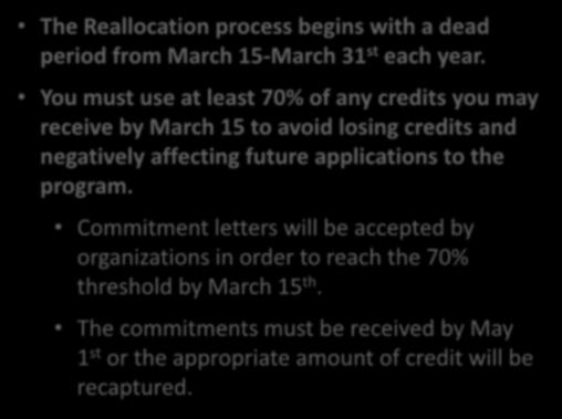 Reallocation Process The Reallocation process begins with a dead period from March 15-March 31 st each year.