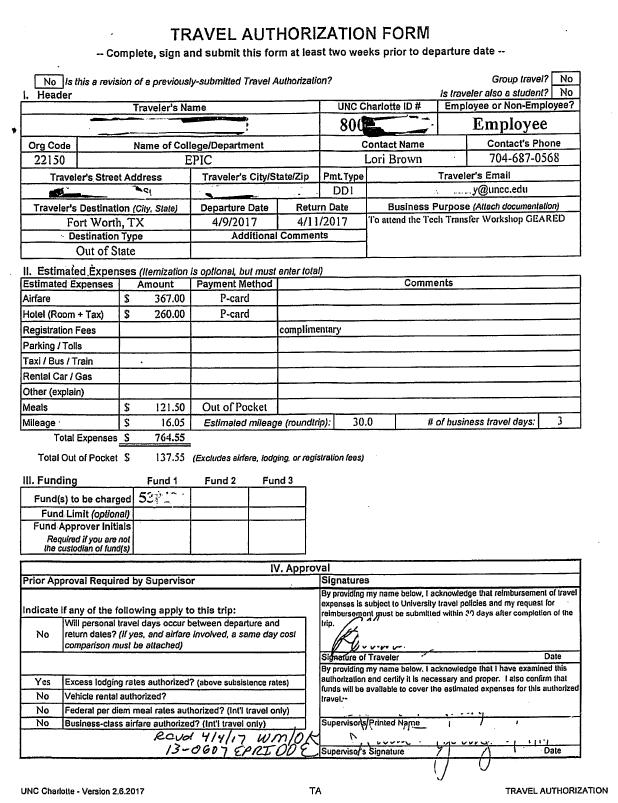 Example of a Completed Travel Authorization Form