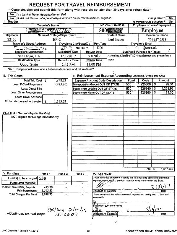 Example of a Completed Travel Reimbursement Form