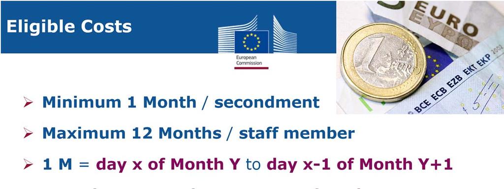 The secondments are only eligible if the minimum duration of the secondment is 1 month (or 30 days in case of an incomplete months).