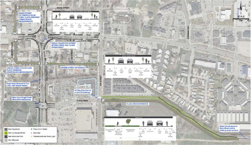 Project Summary The figure below provides a high-level illustration of the adopted roundabout alternative at the Eagle/State intersection and the circulation projects.