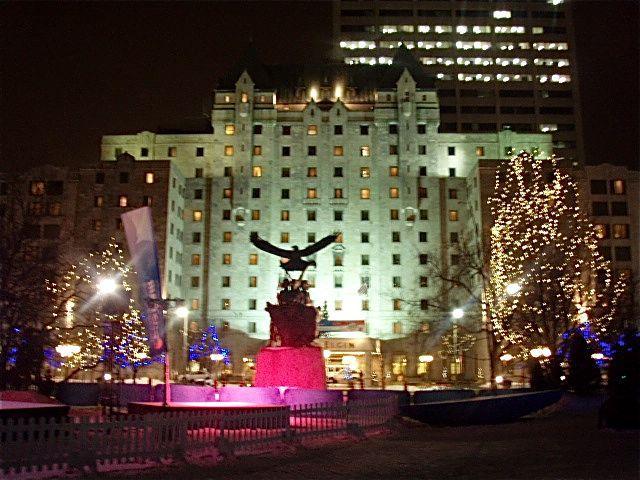 Lord Elgin Hotel shown from Confederation Park with Aboriginal Veterans Monument (courtesy Canadian Veteran Claude Petit) in foreground.