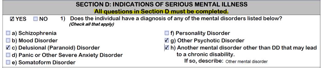 Section D: Indications of Serious Mental Illness (SMI) This section is comprised of five (5) questions.
