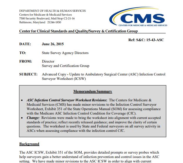 Survey and Certification Memos Infection Control Worksheets for ASC and