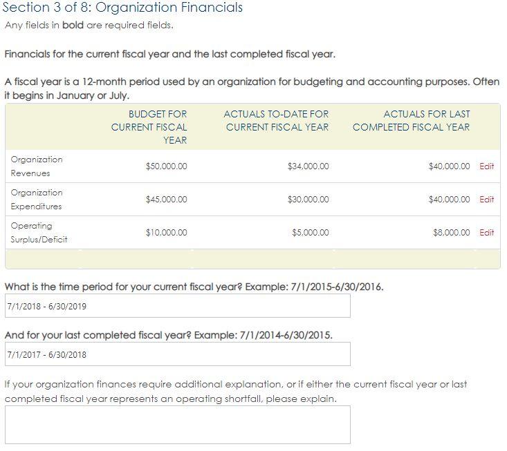 Section 3 of 8: Organization Financials Section 3 asks for financial information about