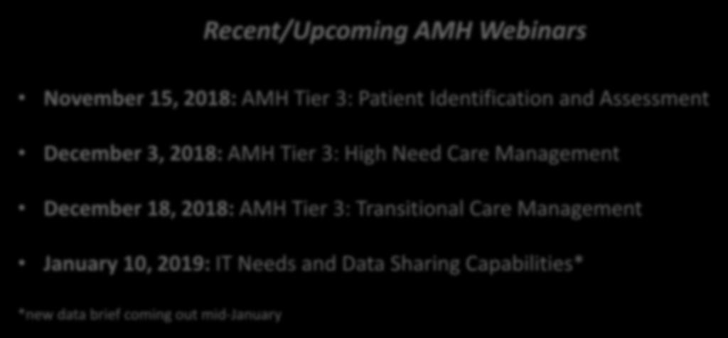 Overview of Upcoming Events Recent/Upcoming AMH Webinars November 15, 2018: AMH Tier 3: Patient Identification and Assessment December 3, 2018: AMH Tier 3: High Need Care Management December 18,