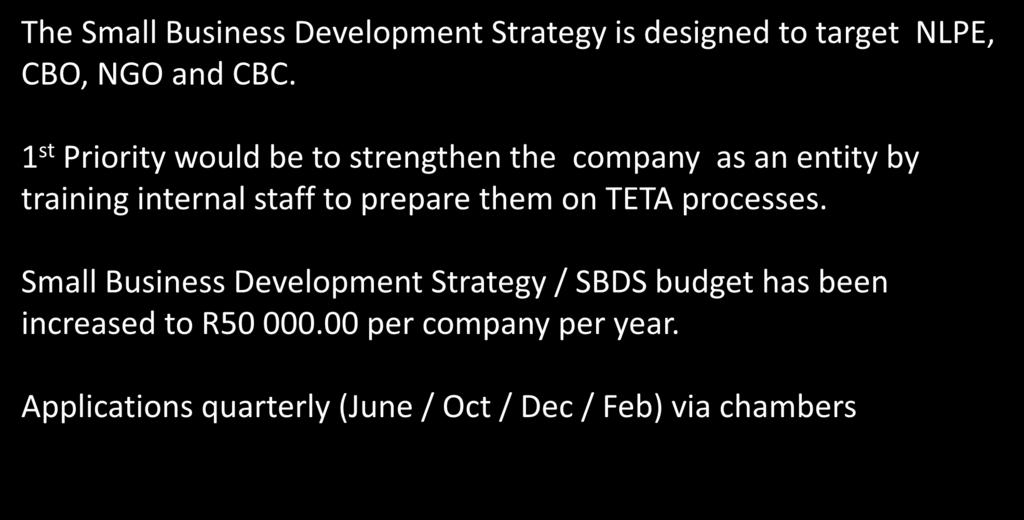 SBDS Strategy The Small Business Development Strategy is designed to target NLPE, CBO, NGO and CBC.