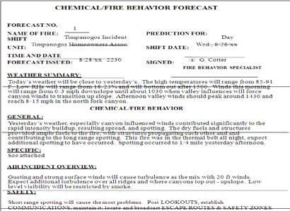 Chemical/Fire Behavior Forecast Chemical/Fire Behavior Forecast Visual 8-6 A Chemical/Fire Behavior Forecast, Weather Forecast, or any other appropriate incident forecast will always