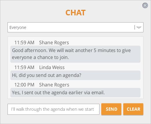 HOST A MEETING LIVE CHAT The Chat feature allows you and your guests to exchange text messages during a meeting. You can send messages to all participants, or chat privately with an individual guest.