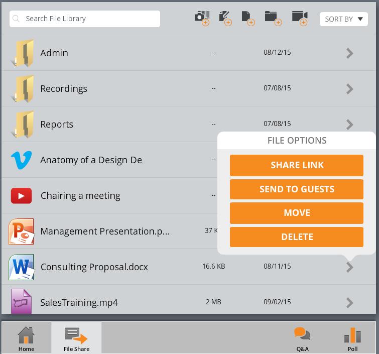 FILE LIBRARY You can open a variety of files from your file library videos, PowerPoint presentations, PDF and Microsoft Word documents, spreadsheets (Excel and CSV), and images and share them in your