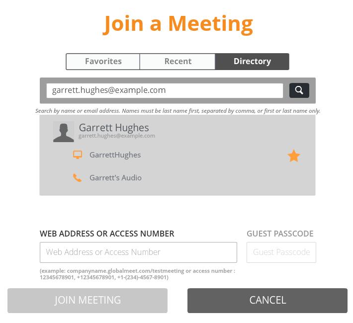 JOIN A MEETING SEARCH YOUR COMPANY DIRECTORY Tap Directory to search a directory of GlobalMeet account holders in your organization.