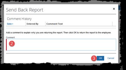 approval flow: Click the Send Back to Employee button in the upper right of the report window Enter a comment in the Comment field to instruct the employee on how