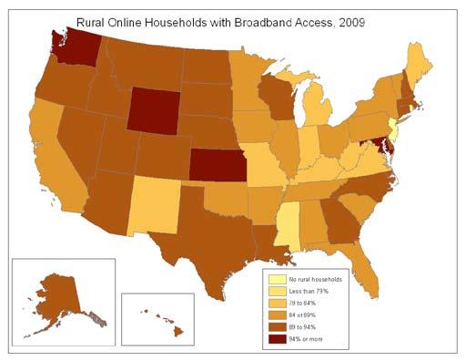 Figure 2. Rural Households with in-home Internet Access, 2009. Source: ERS using Bureau of the Census survey data. Note: Rural is the Office of Management and Budget s definition of nonmetropolitan.
