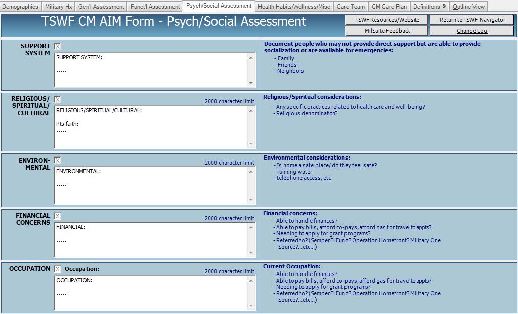 Psychological/Social Assessment Tab This tab is for documentation of any