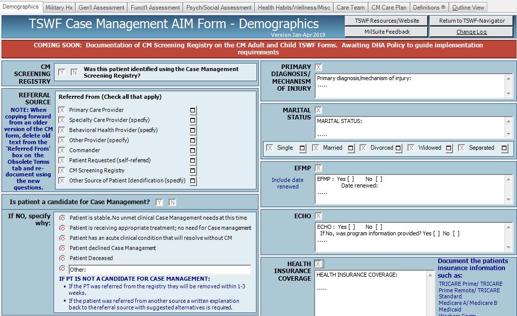 Demographics This tab is for documentation of the patient s demographics (i.e. contact info, marital status, EFMP enrollment and insurance coverage).