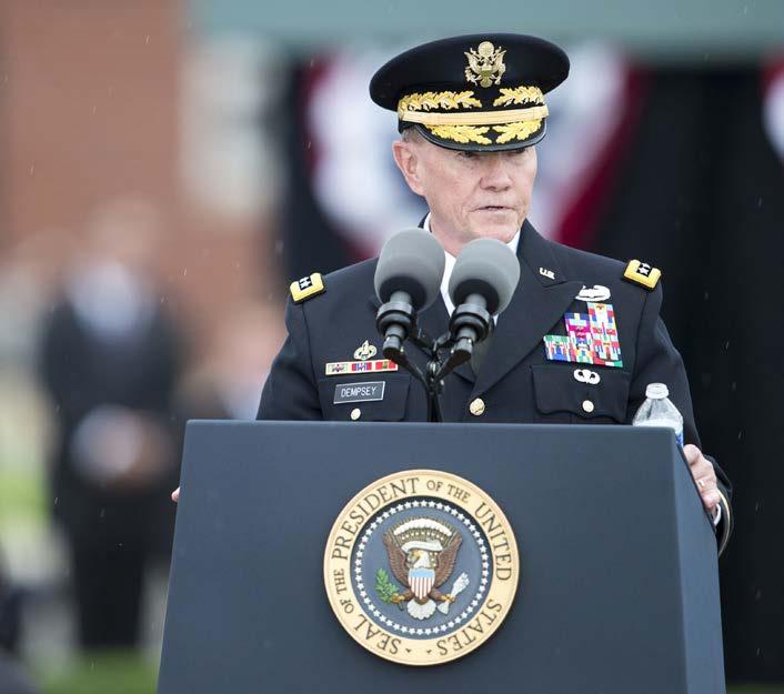Gen. Martin E. Dempsey, the 18th chairman of the Joint Chiefs of Staff, delivers remarks at his retirement and change of responsibility ceremony at Joint Base Myer- Henderson Hall on Sept. 25, 2015.