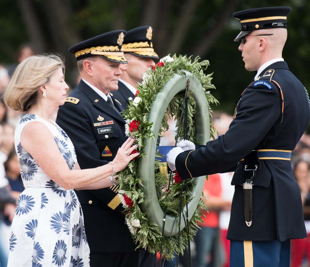 FEATURES Gen. Martin E. Dempsey, chairman of the Joint Chiefs of Staff, and his wife, Deanie Dempsey, lay a wreath at the Tomb of the Unknown Soldier in Arlington National Cemetery on Sept. 25, 2015.