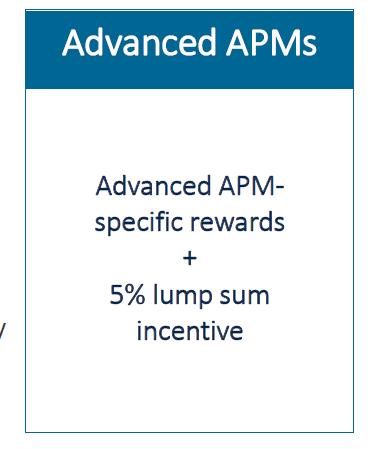 Advanced APMs Advance Alternative Payment Models (Advanced APMs) enable clinicians and practices to earn greater rewards for taking on risk related to their patient