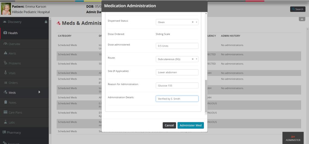 Select Save when finished to return to the Medication Administration window. Continue entering data about the administration including Dose administered, Route, Site, and Reason for Administration.