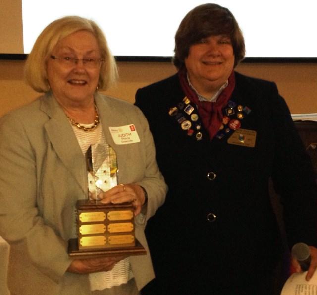 Judith accepting Club of the Year from District Governor Lorraine Angelino Judith Prince, Past President, honored
