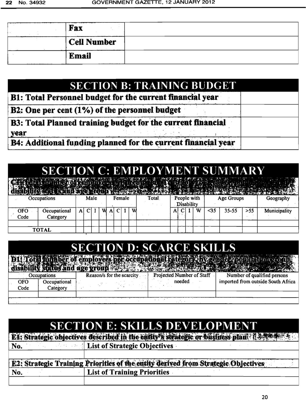22 No, 34932 GOVERNMENT GAZETTE. 12 JANUARY 2012 Fax CeUNumber EmaiJ SECTION B: TRAINING BUDGET Bl:. Total Personnel budget. for the currentfintuieial year.