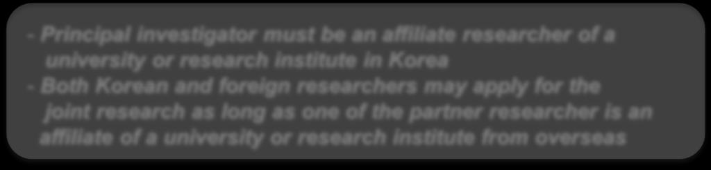 Program Details Joint Research Type of Program - Principal investigator must be an affiliate researcher of a university or research institute in Korea - Both Korean and foreign researchers may apply