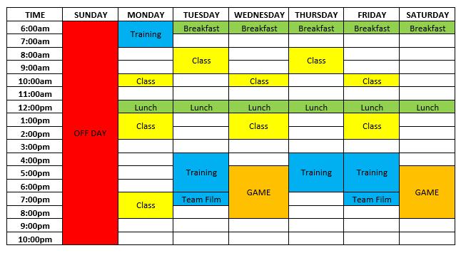 REGULAR SEASON (August-November) Game Days- Wednesday/ Tuesday (alternating) and Saturday during KCAC play Class schedules vary on area of study and year in school throughout whole year Time