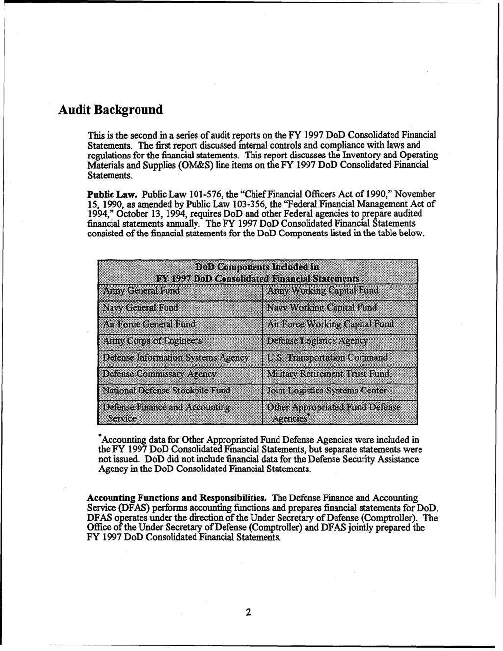 Audit Background This is the second in a series of audit reports on the FY 1997 DoD Consolidated Financial Statements.