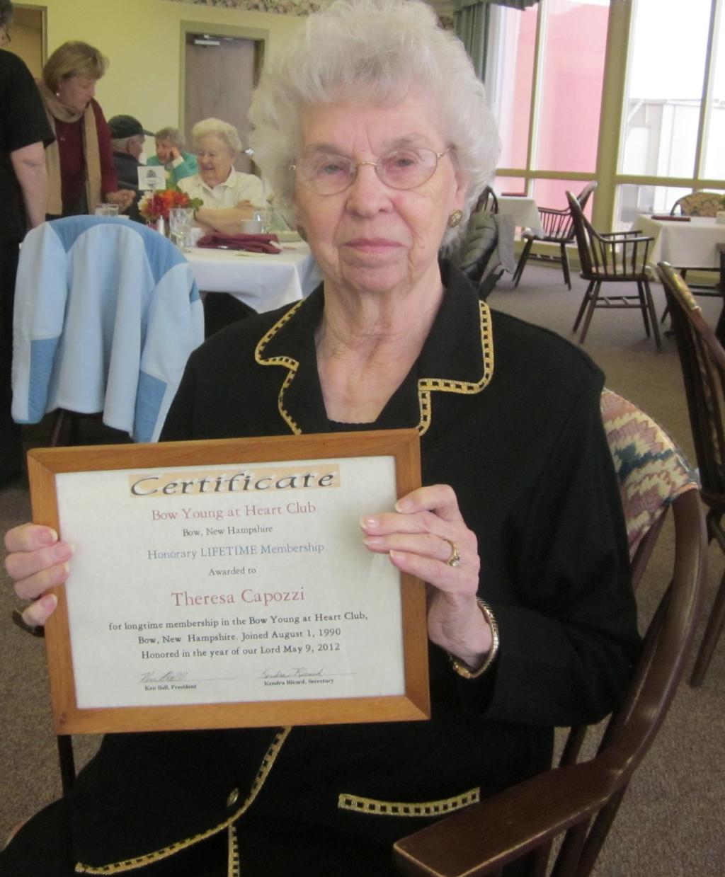 An honor for Theresa Capozzi During the Harvest Dinner on November 20, Retirement Resident Theresa Capozzi was presented with the Lifetime Membership Award