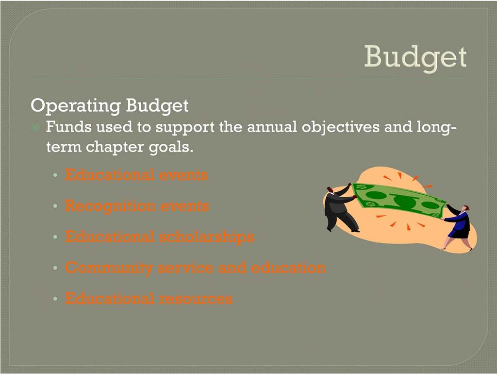 Chapters should develop an annual operating budget, to be approved by the board of directors each year. It s based on the operating/annual work plan that is established by the Board.