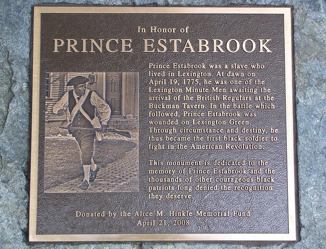In Ashby, Massachusetts In 2008 a marker was also placed on the grounds of Buckman Tavern to honor Prince Estabrook. The marker shows Charles H. Price, Jr.
