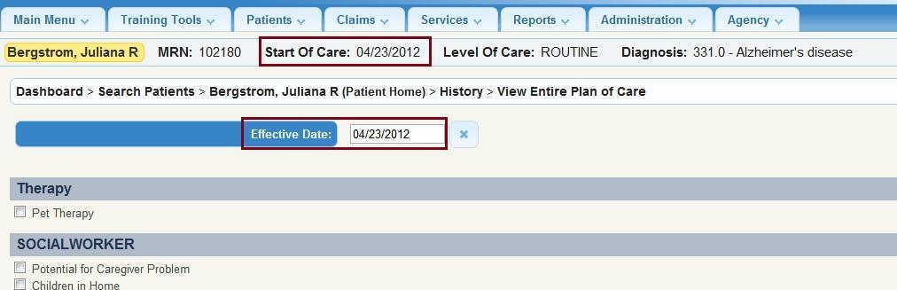 The Hospice Plan of Care page is where you may select Care Plan issues to be addressed for the patient and/or family.