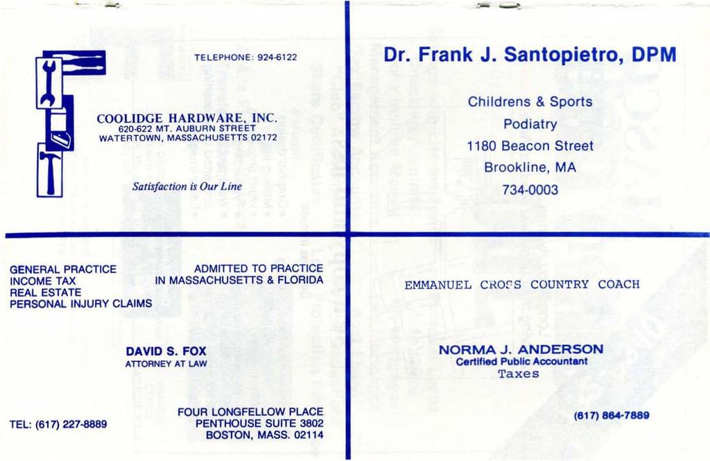 ..., - ~ TELEPHONE : 924.(;122 Dr. Frank J. Santopietro, DPM COOLIDGE HARDWARE. INC. 620-622 MT.